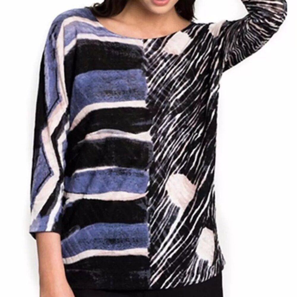NIC+ZOE Blue Black and Cream Mixed-Print Long Sleeve Top